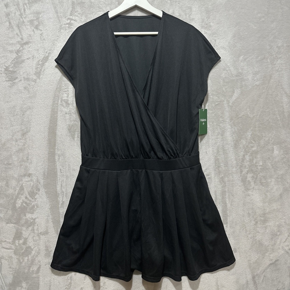 Halara V Neck Short Sleeve Pocket Waffle Casual‎ Romper Black Size XL NWT